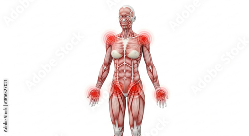 Anatomical illustration of a female body with highlighted joints and muscle structure depicted in detail