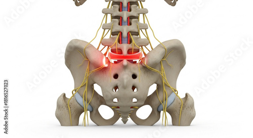 Anatomical view of the human pelvis with nerves and spinal cord highlighting pain and inflammation in red hues