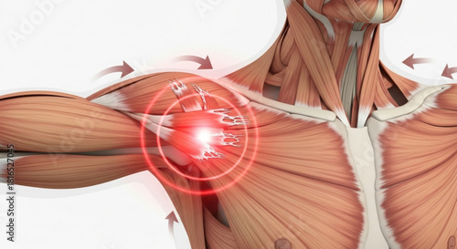Anatomical illustration of a human shoulder with visible muscles and a red circle indicating pain