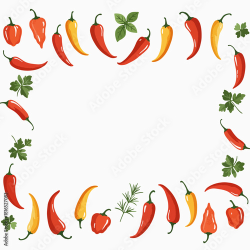 A decorative rectangular frame composed of various colorful chili peppers and fresh green herbs.
