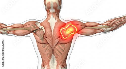 Anatomical illustration showing the muscles of the back with a highlighted shoulder area in bright red