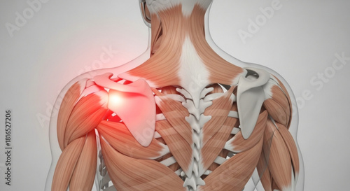 Illustration of human back muscles and bone structure with shoulder pain highlighted in red color