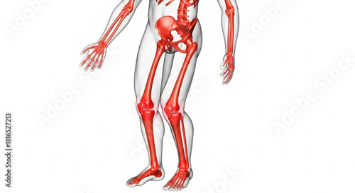 Illustration showing human skeletal system with focus on the bones of the lower body and arms