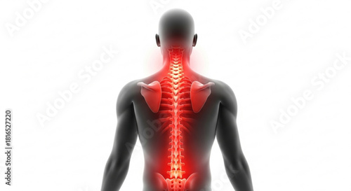Rear view of a human torso with spinal column highlighted in red indicating pain and inflammation area