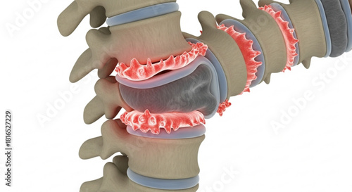 Anatomical illustration showing spinal vertebrae with inflammation and joint damage in close up view