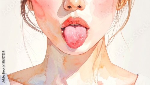 正面から見た女性がベロを下に出している水彩画イラスト