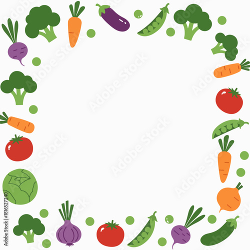 A vibrant square frame composed of various fresh vegetables, including broccoli, carrots, tomatoes, peas, eggplants, radishes, onions, and cabbage, set against a white background.