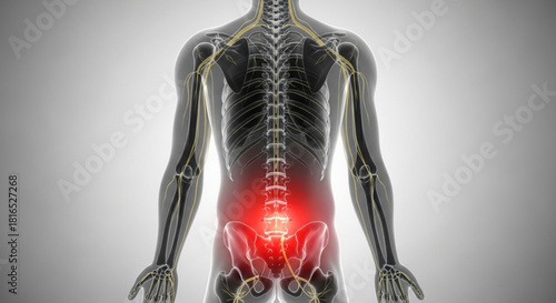 Human anatomy showing the spine and nervous system with a red glow indicating pain in the lower back