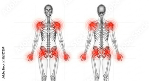 Human skeleton front and back view with highlighted joints indicating pain or inflammation in the body