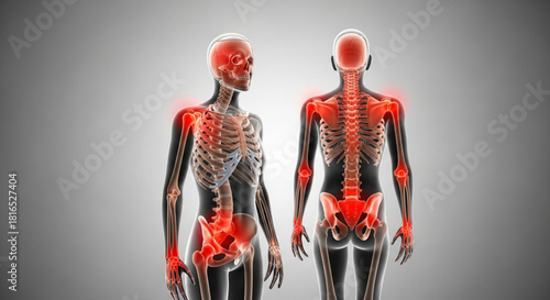 Skeletal system with highlighted joints showing pain and inflammation on front and back view of body