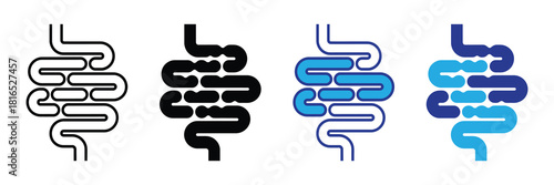 Simplified graphic representation of the digestive tract, showing intestines and colon in various styles and colors for medical illustration