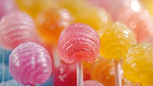 Fototapeta Naklejka Na Ścianę i Meble -  Colorful lollipops in pink, yellow, and blue with sugar coating and bokeh background, perfect for confectionery advertising and sweet treat promotions.