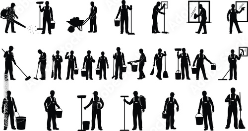 Large set of cleaner silhouettes performing various janitorial tasks like mopping, sweeping, and washing windows, isolated on white background vector illustration.