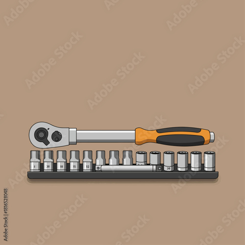Illustration of a ratchet wrench and socket set on a black tray against a tan background.