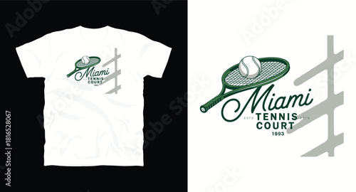 Miami tennis court vintage style t-shirt design with tennis ball and racket