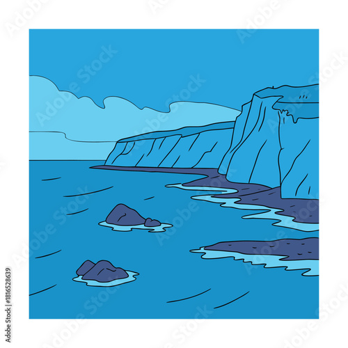 A serene and tranquil blue ocean landscape illustration featuring towering cliffs along the coastline, with scattered rocks emerging from the calm water under a dear sky, evoking a sense of peaceful 