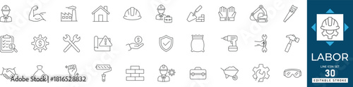 Editable stroke labor and workforce icons including teamwork, construction, tools, labor, safety, management, inspection, plumber, and productivity for web and print.