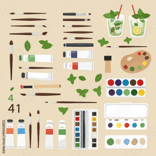 Illustration featuring art supplies, cocktails, and decorative elements on a neutral background.