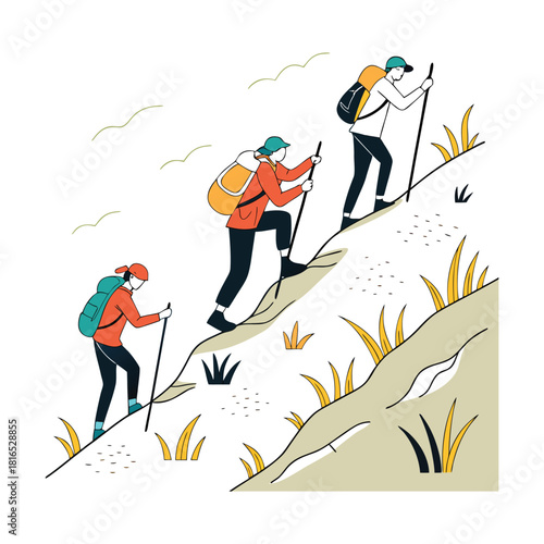 Three adventurous hikers with backpacks and walking sticks ascend a steep, grassy mountain trail, enjoying the challenge and natural beauty of the outdoor expedition