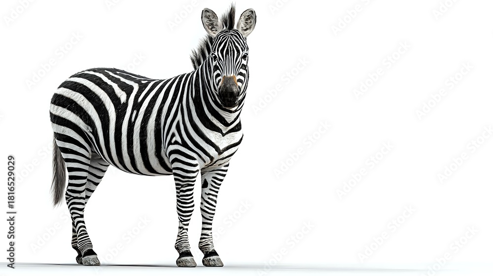 Fototapeta premium African zebra with distinctive black and white striped pattern standing on white background, isolated for wildlife and nature designs.