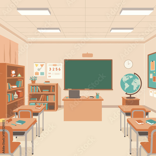 An empty, brightly lit classroom with a chalkboard, teacher's desk, student desks, bookshelves, and a globe, ready for learning.