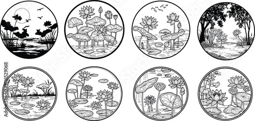 Lotus flower nature scene icon set with birds, water, and foliage, black-and-white vector design for serenity and botanical concept