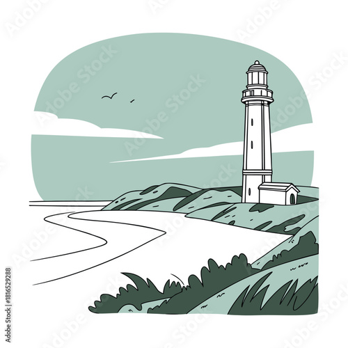 A serene coastal scene unfolds with a lighthouse standing tall against a backdrop of rolling hills, a winding beach, and a tranquil sky, evoking a sense of peace and natural beauty
