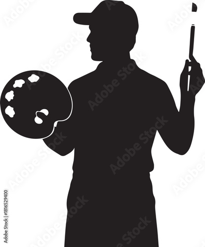 Silhouette of an artist holding a palette and paintbrush ready to paint