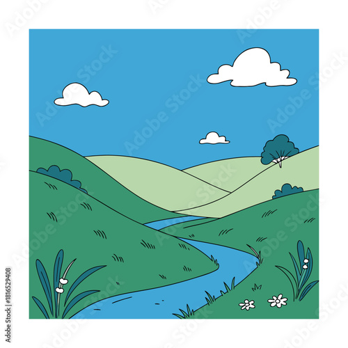 A serene landscape unfolds with rolling green hills, a winding blue river, and fluffy white clouds dotting the clear blue sky, creating a peaceful and idyllic scene of natures beauty