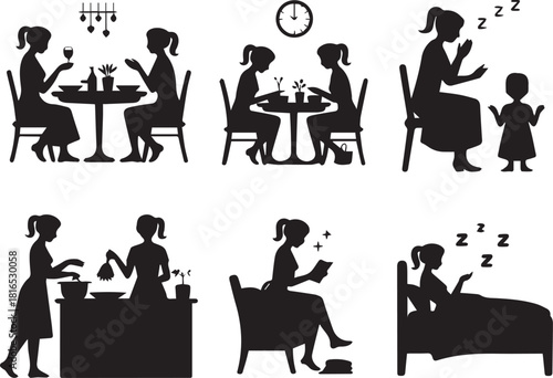 Silhouette of family, woman eating, reading, cooking and sleeping at home
