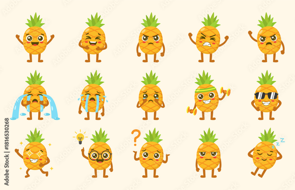 Naklejka premium Set of Cute Pineapple Cartoon Characters Vector Illustration