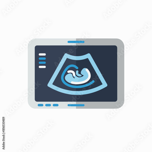 A graphic illustration of a baby inside a womb on a digital ultrasound screen with a dark blue and light blue color scheme on a white background.