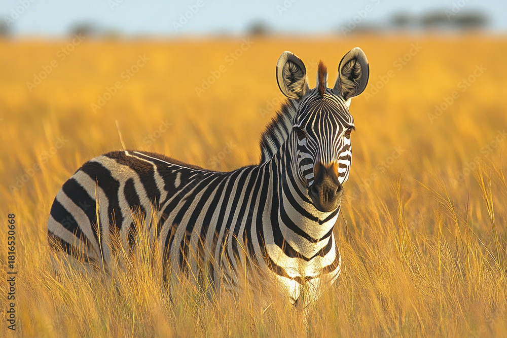 Obraz premium A photograph of a zebra standing in the tall golden grasses of the savannah at sunset. 