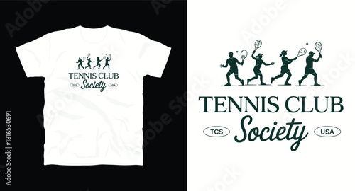 Tennis club society logo with people silhouettes for tshirt apparel design