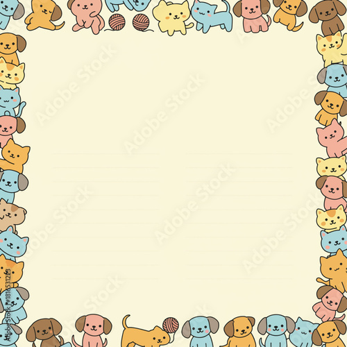 A cute illustration featuring a border of cartoon dogs and cats surrounding a blank space.