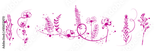 Botanical floral artwork with blossoms, leaves and natural stems designed in a refined decorative line art composition.