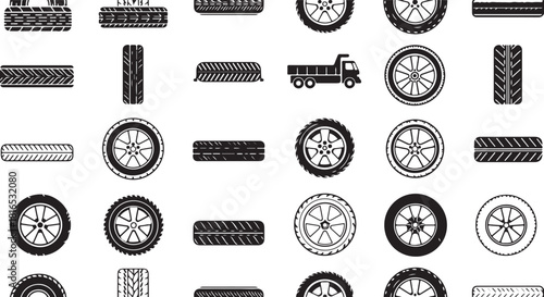 Seamless vector pattern with a variety of car and truck wheels, automotive tires, and tread marks in a flat black and white style