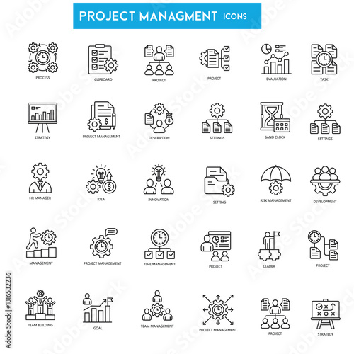 Project management line icons for planning, scheduling, and workflow tasks.