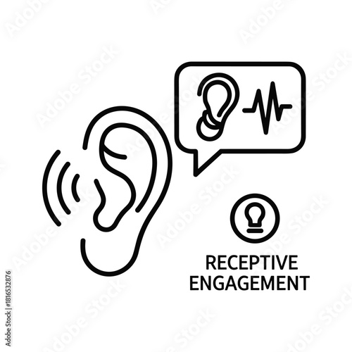 Black and white line icon representing receptive engagement with an ear and sound wave in a speech bubble