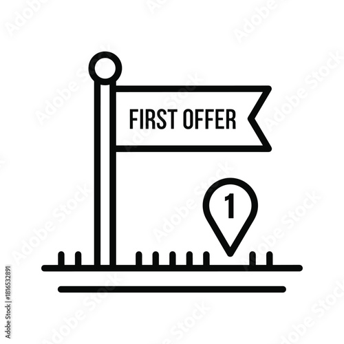 Line icon representing the first offer or initial bid location marked by a flag and a numbered pin on the ground