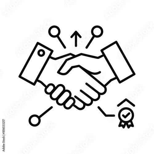 Line art icon representing a business handshake with upward arrow and quality seal, isolated on