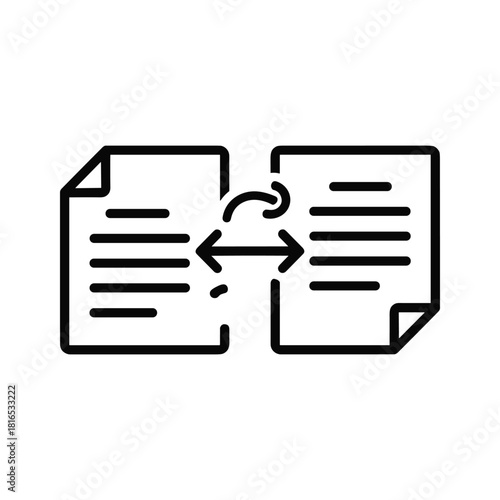 Black and white line icon representing document transfer, data exchange, file synchronization, or information sharing between two papers