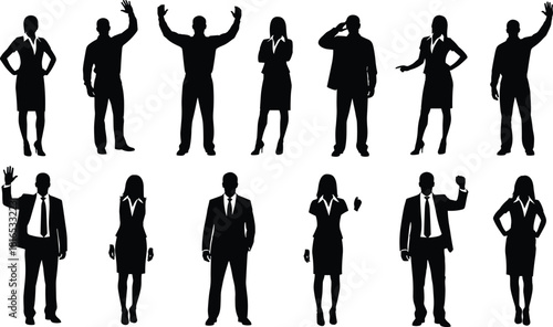 Collection of business people silhouettes standing, men and women in suits waving and posing, successful corporate team vector set