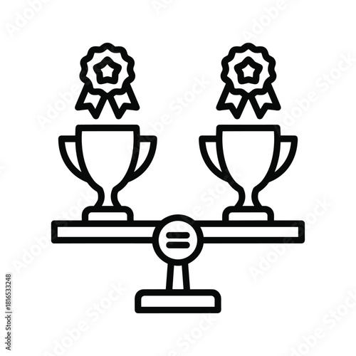 Two equal trophies with award ribbon on a balance scale representing fairness, equality, and competition success isolated on