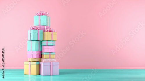 Pastel gift pile on pink background with turquoise floor reflection