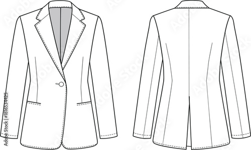 Professional women’s tailored blazer fashion flat sketch showing front and back views, structured silhouette, lapel collar, pockets, and clean vector detailing