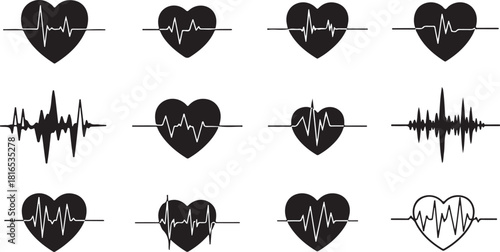 Heartbeat Icons Set Medical Pulse Symbols in Black and White Vector Art