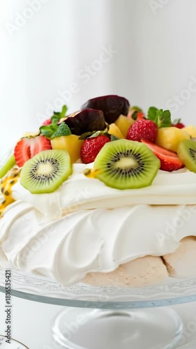 Beautiful pavlova meringue cake with fresh kiwi, strawberry, and passion fruit on a glass stand, a delicious and light summer dessert.