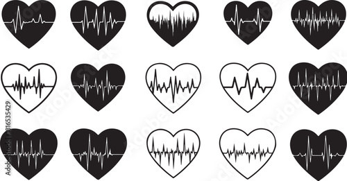 A diverse set of black and white heart icons showing different ECG heartbeat rhythm variations, illustrating pulse and cardiac activity for health concepts