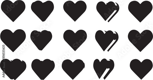Collection of Black Heart Icons with Subtle Depth and Shadow Effects on White Background, Representing Love and Affection in a Minimalist Style